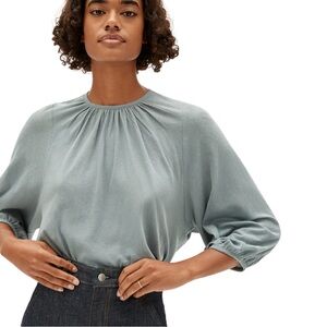 Everlane Air Poet Tee Sage Teal Rutched Balloon Sleeve Peasant Top Blouse Medium